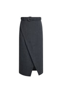 Muriel Tulip Silhouette Belted Slit Midi Skirt in 100% Wool