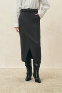 Muriel Tulip Silhouette Belted Slit Midi Skirt in 100% Wool