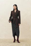Muriel Tulip Silhouette Belted Slit Midi Skirt in 100% Wool