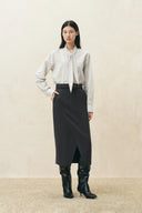 Muriel Tulip Silhouette Belted Slit Midi Skirt in 100% Wool
