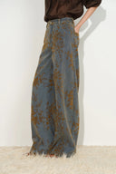 Women's gray blue flocked jacquard barrel jeans with a floral pattern