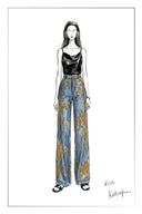 Fashion illustration of a woman wearing floral barrel leg jeans with a black camisole