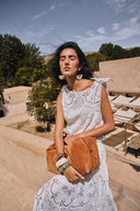 Nellie Cutwork Embroidered Scarf Tie Layered Sleeveless Dress in 100% Cotton with Lace