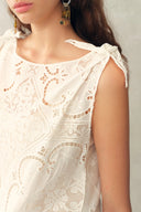 Nellie Cutwork Embroidered Scarf Tie Layered Sleeveless Dress in 100% Cotton with Lace