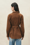 Rae Belted Safari Shirt in Faux Suede