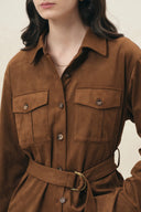 Rae Belted Safari Shirt in Faux Suede