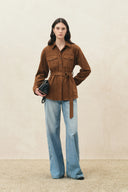 Rae Belted Safari Shirt in Faux Suede