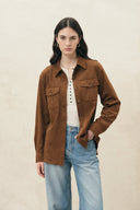 Rae Belted Safari Shirt in Faux Suede