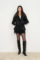 Raven Double Breasted Jacket with Detachable Fur Collar in Vegan Leather
