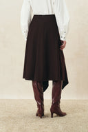 Rhea Burgundy Asymmetric Wrap Midi Skirt in Wool Blend