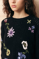 Rosalie Handworked Floral Sweater in Wool Cotton Blend