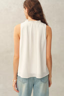 Rosalind Ruffle Neck Tie Front Sleeveless Top in Lightweight Lyocell Fabric