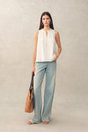 Rosalind Ruffle Neck Tie Front Sleeveless Top in Lightweight Lyocell Fabric