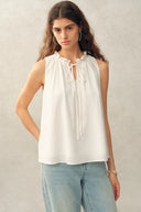 Rosalind Ruffle Neck Tie Front Sleeveless Top in Lightweight Lyocell Fabric