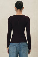 Back view of a dark brown fitted knit top with long sleeves and a softly defined waist