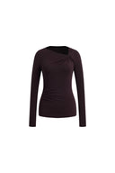 Dark brown asymmetric knit top with twisted ruching, fitted waist, and long sleeves