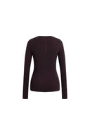 Dark brown fitted long sleeve cotton blend knit top, back view