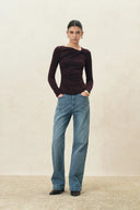 Dark brown asymmetric ruched cotton blend knit top with a softly defined waist
