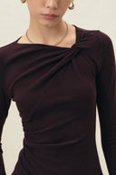 Dark brown asymmetric ruched cotton blend knit top with a softly defined waist