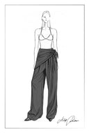 Fashion sketch of pinstriped wide leg pants with a tied waist scarf
