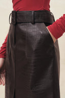 Saga Croc Embossed Belted Midi Skirt in Faux Leather