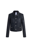 Black cropped vegan leather blazer with pointed collar, silver buttons and four front pockets