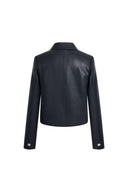 Back view of a black cropped vegan leather blazer with a small collar and button cuffs