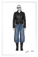 Model wearing a black cropped vegan leather blazer with wide leg jeans and knee high boots