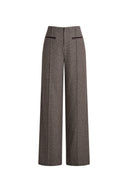 High waisted wide leg plaid wool blend pants with contrast welt pockets