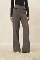 High-waisted wide-leg plaid wool blend pants with a contrast welt pocket and crisp front seam
