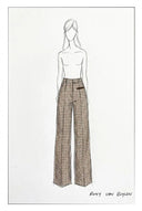 Sketch of high-waisted plaid wide-leg pants with contrast welt pockets and crisp front seams