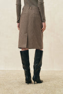 Houndstooth wool blend midi skirt with asymmetric placket and hem slit