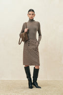 Brown houndstooth pencil skirt with asymmetric button placket and roomy workwear pocket