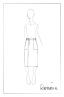 Fashion sketch of a straight wool blend pencil skirt with asymmetric button placket and roomy patch pockets