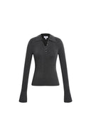 Black fitted stretch knit polo top with metallic accents on the collar and sleeves