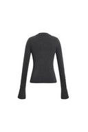 Back view of a fitted charcoal stretch knit polo top with metal sleeve accents