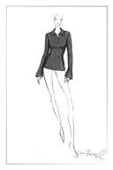 Fashion illustration of a fitted charcoal polo top with metallic collar and sleeve accents