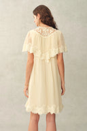 Sophia Lace Embroidery Capelet Short Sleeve Dress in Silk Blend Crinkled Georgette