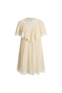 Sophia Lace Embroidery Capelet Short Sleeve Dress in Silk Blend Crinkled Georgette