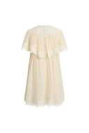 Sophia Lace Embroidery Capelet Short Sleeve Dress in Silk Blend Crinkled Georgette