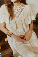 Sophia Lace Embroidery Capelet Short Sleeve Dress in Silk Blend Crinkled Georgette