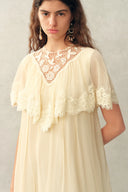 Sophia Lace Embroidery Capelet Short Sleeve Dress in Silk Blend Crinkled Georgette