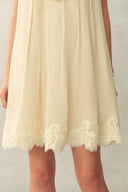 Sophia Lace Embroidery Capelet Short Sleeve Dress in Silk Blend Crinkled Georgette