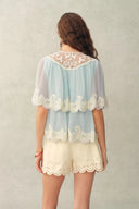 Sophia Lace Embroidery Summer Cape Short Sleeve Blouse in Silk Blend Crinkled Georgette