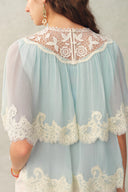 Sophia Lace Embroidery Summer Cape Short Sleeve Blouse in Silk Blend Crinkled Georgette