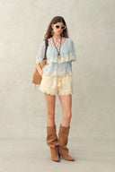 Sophia Lace Embroidery Summer Cape Short Sleeve Blouse in Silk Blend Crinkled Georgette