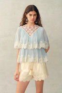 Sophia Lace Embroidery Summer Cape Short Sleeve Blouse in Silk Blend Crinkled Georgette