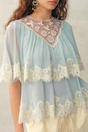 Sophia Lace Embroidery Summer Cape Short Sleeve Blouse in Silk Blend Crinkled Georgette