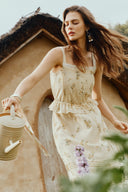 Sylvia Floral Lace Trim Layered Sleeveless Cami Dress in Linen Blend