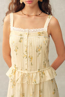 Sylvia Floral Lace Trim Layered Sleeveless Cami Dress in Linen Blend